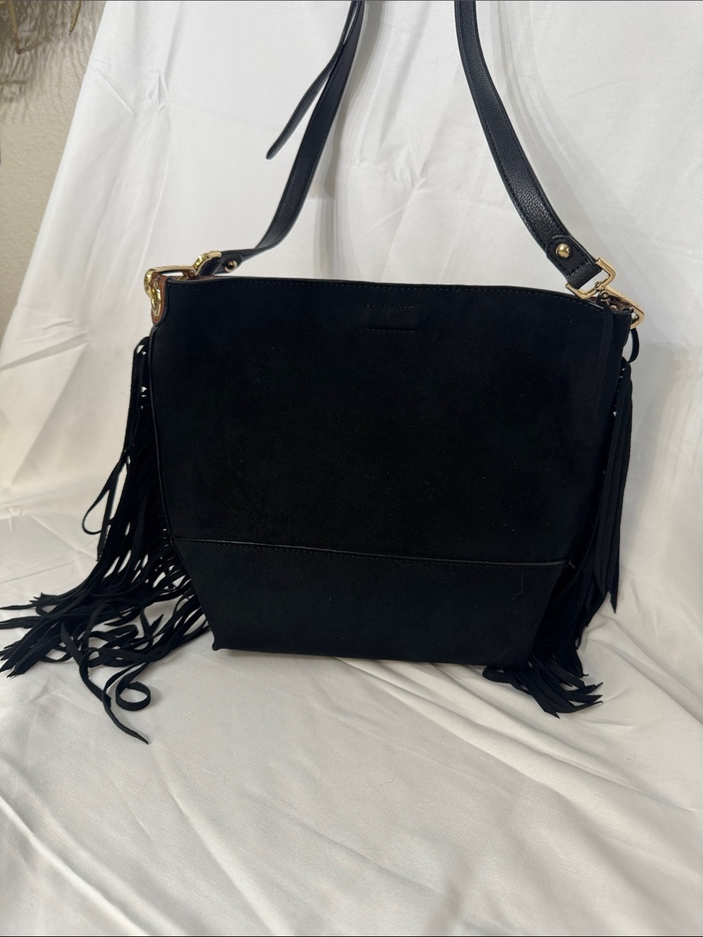 Calvin Klein Black Suede Fringe Shoulder Tote
